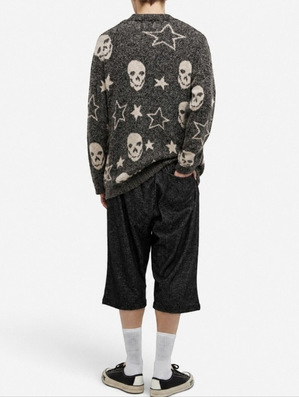 HALLOWEEN Skull Stars Cardigan Sweater Open Charcoal Cream Unisex Large